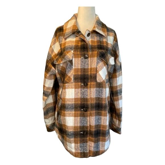 Ci Sono Flannel Button Down Shirt Jacket Brown Tan Cream Plaid Shacket Long Slee - Picture 1 of 7